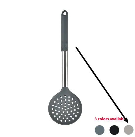 12-piece black silicone kitchen utensil set including spatula, spoon, and claw tools in a rotating storage bucket on a kitchen counter.