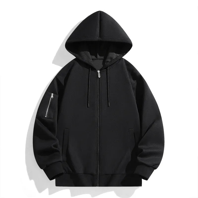 Teenagers loose hooded cardigan in solid colour polyester fibre, available in black, gray, and dark blue