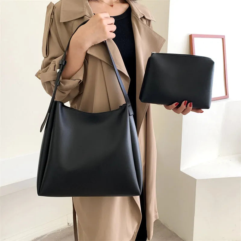 Large women's soft PU tote bag set with small bag in khaki colour, 33cm wide