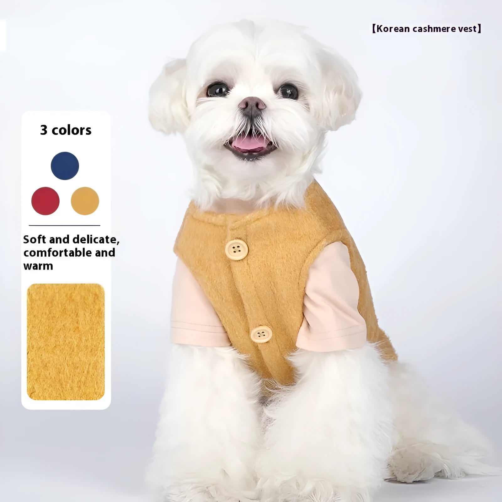 Small dog wearing a blue Korean-style cotton cashmere vest for autumn and winter pet clothing