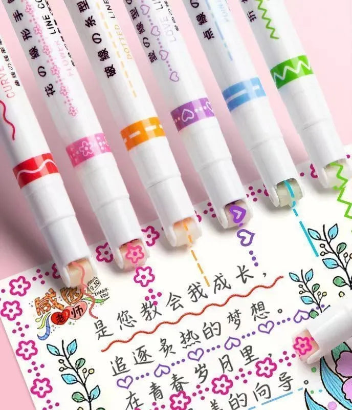 Creative curve pen roller outline set in plastic case with multiple line styles including thread, bend, love, and star patterns