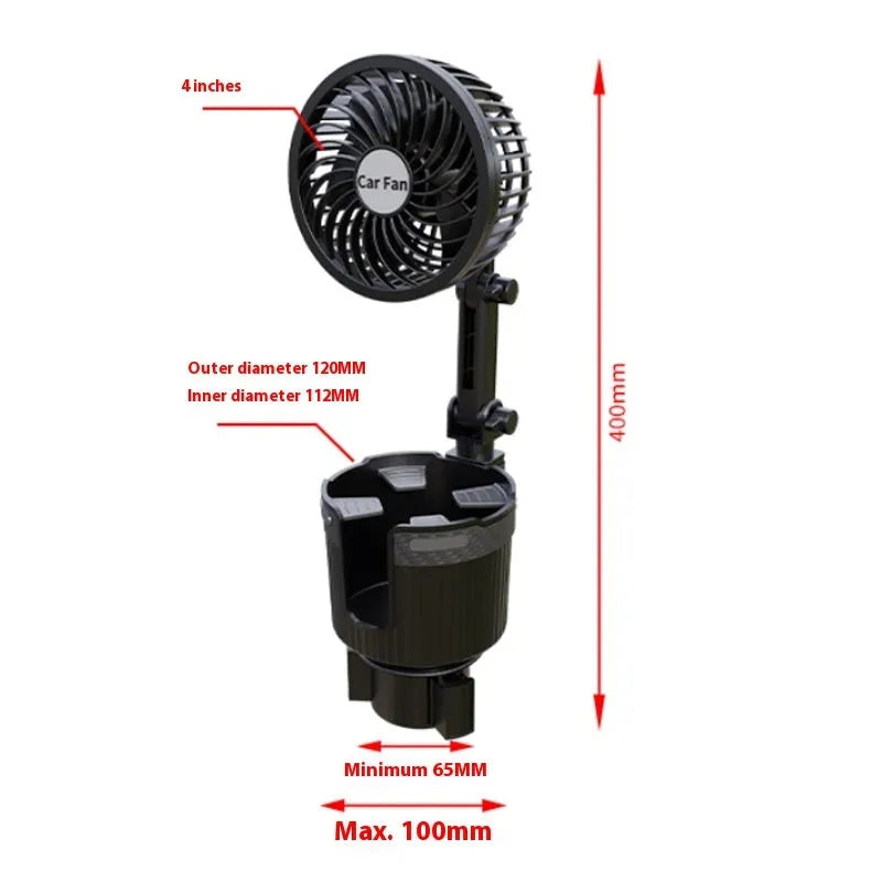 A car cup holder fan with black ABS plastic housing inserted into a vehicle's centre console.