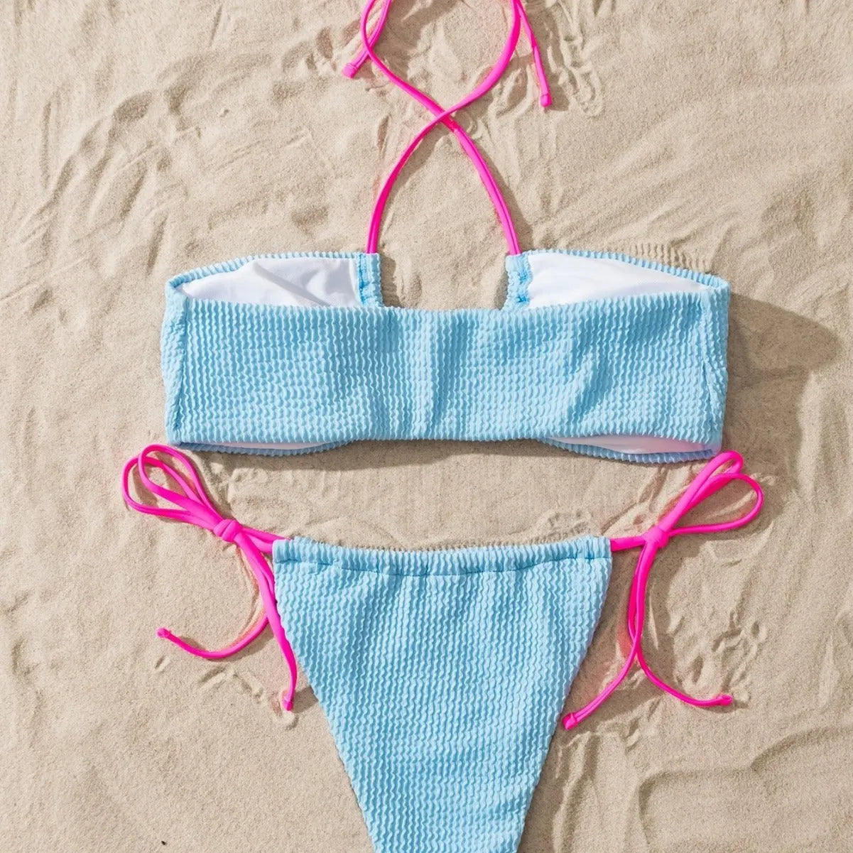 Women's solid colour halter lace-up swimsuit with brief bikini bottoms