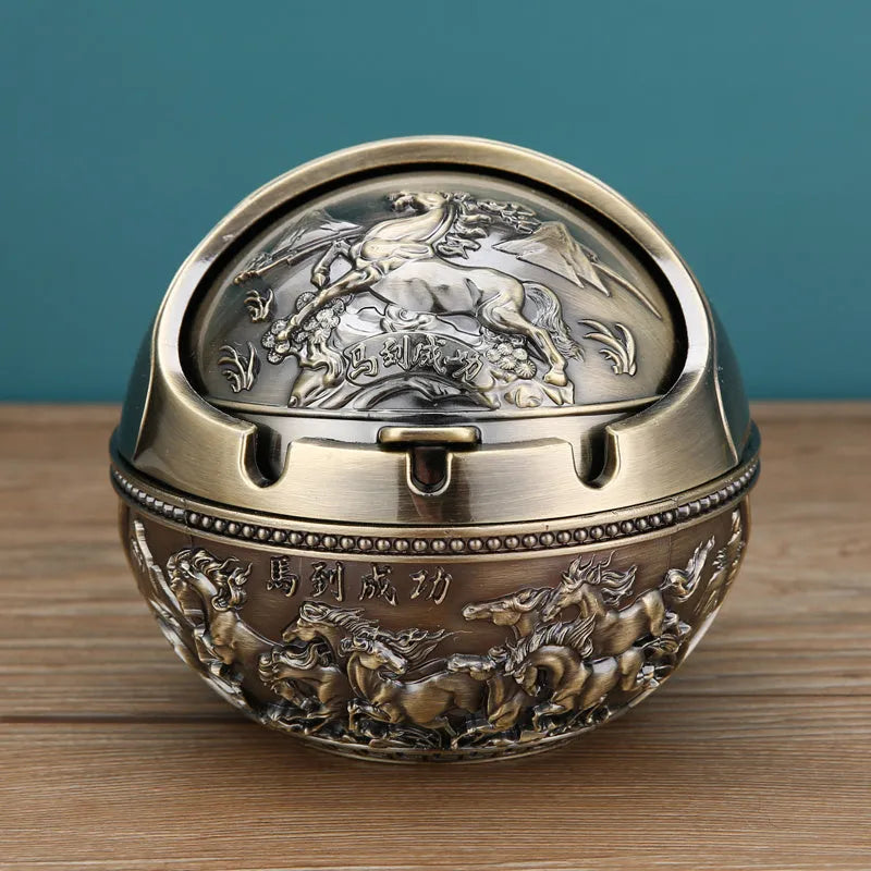 Creative bronze and red copper alloy ashtray with smoke extinguishing slot in various decorative styles.