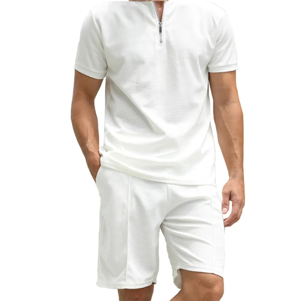 Men's solid colour beaded bird's eye polyester polo shirt suit two-piece set on a hanger.