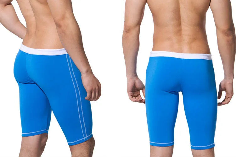 Men's low waist five-point swimming trunks in white or blue, Spandex nylon blend, sizes M to XXXL