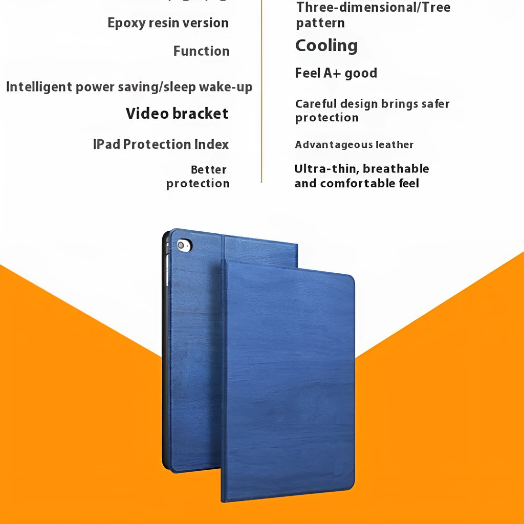 Universal iPad protective cover with sleep bracket in imitation leather, shown in black and sapphire blue colours