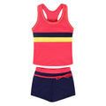 Girls two-piece split boxer swimsuit with chest pad in blue showing shirt and shorts on child model