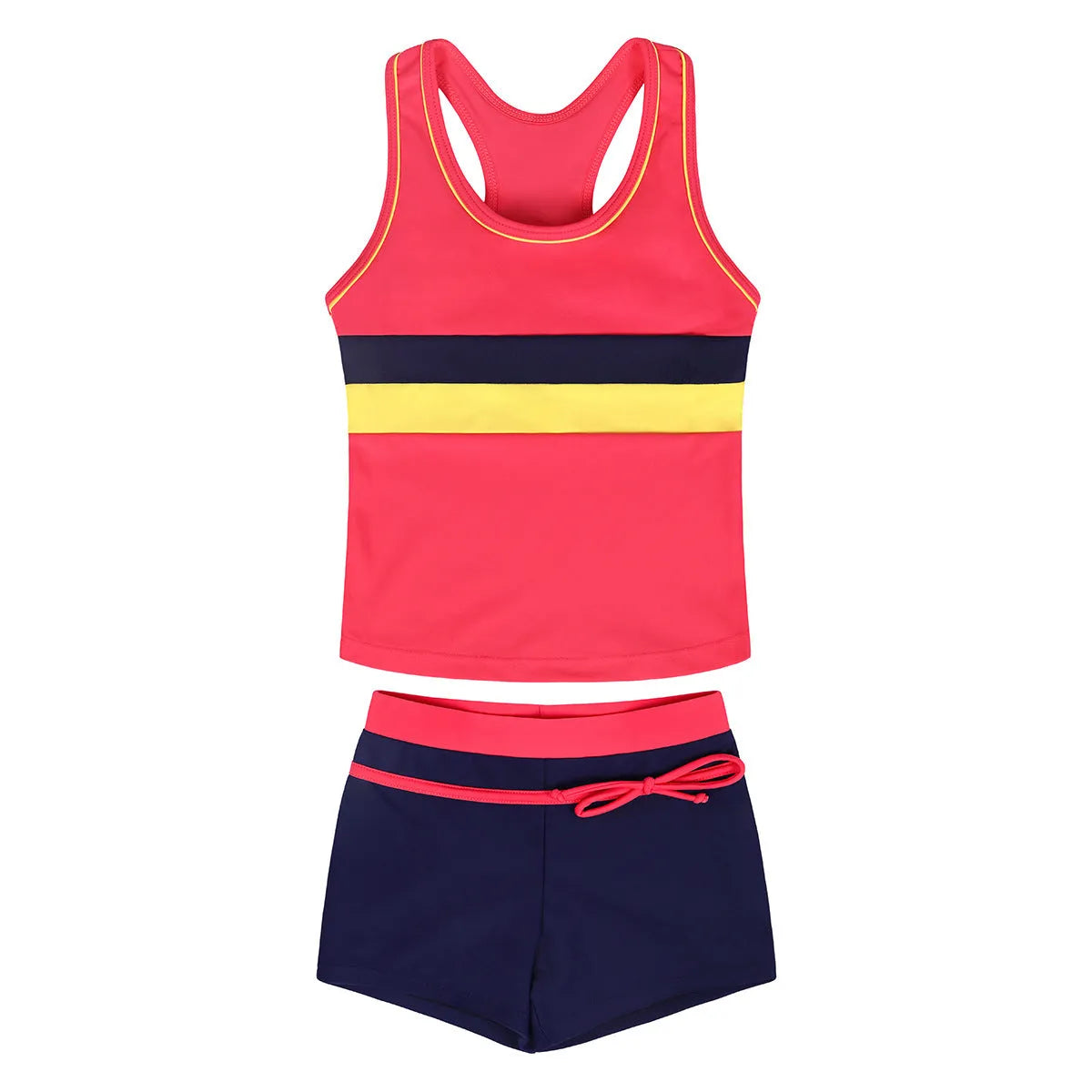 Girls two-piece split boxer swimsuit with chest pad in blue showing shirt and shorts on child model
