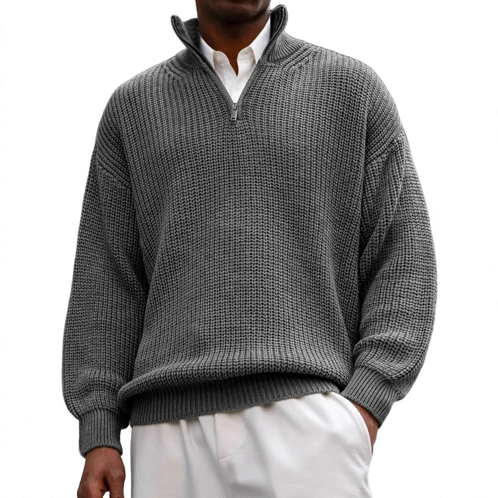 Men's half zip polo neck sweater, long sleeve loose fit pullover in black, gray, navy blue, green, brick red, army green, blue or brown