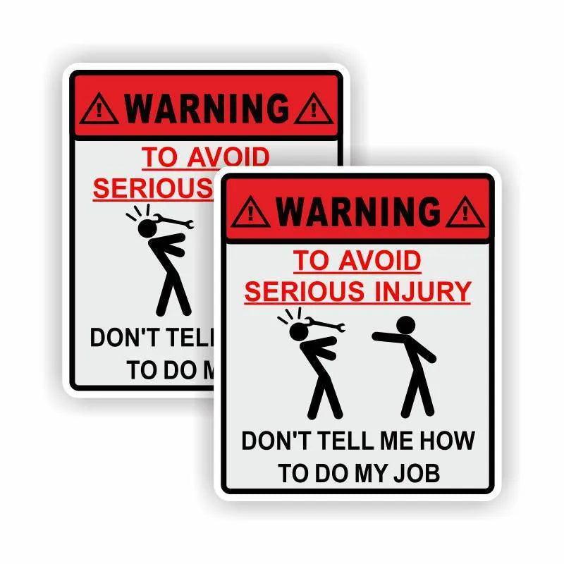 White rectangular adhesive safety sticker with black text reading warning to avoid serious injury, sized 14.9 by 12.6 centimetres.