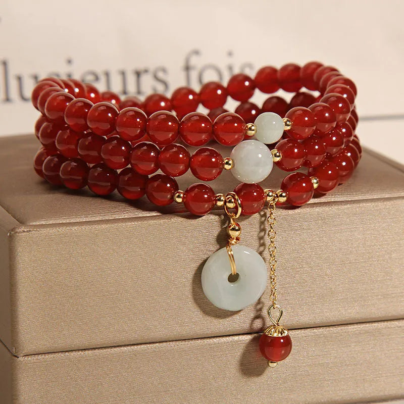 Red agate and crystal multi-layer ethnic bracelet for women with retro styling
