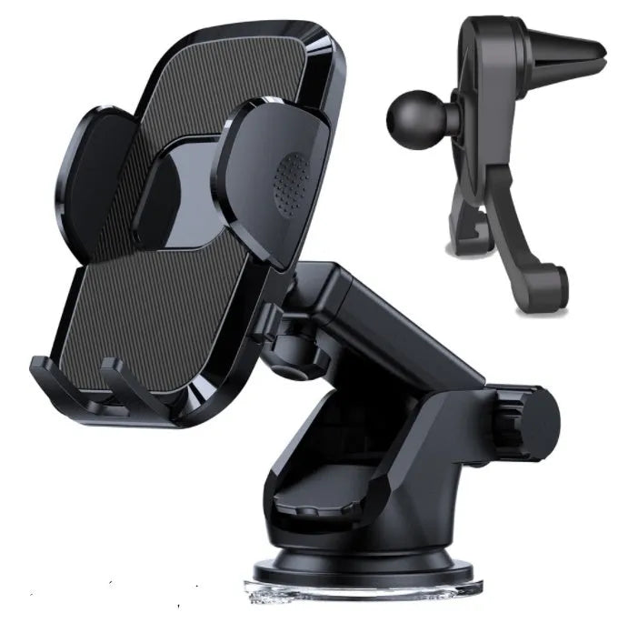 Universal car phone holder with suction cup and air vent bracket options, shown in multiple style variants.