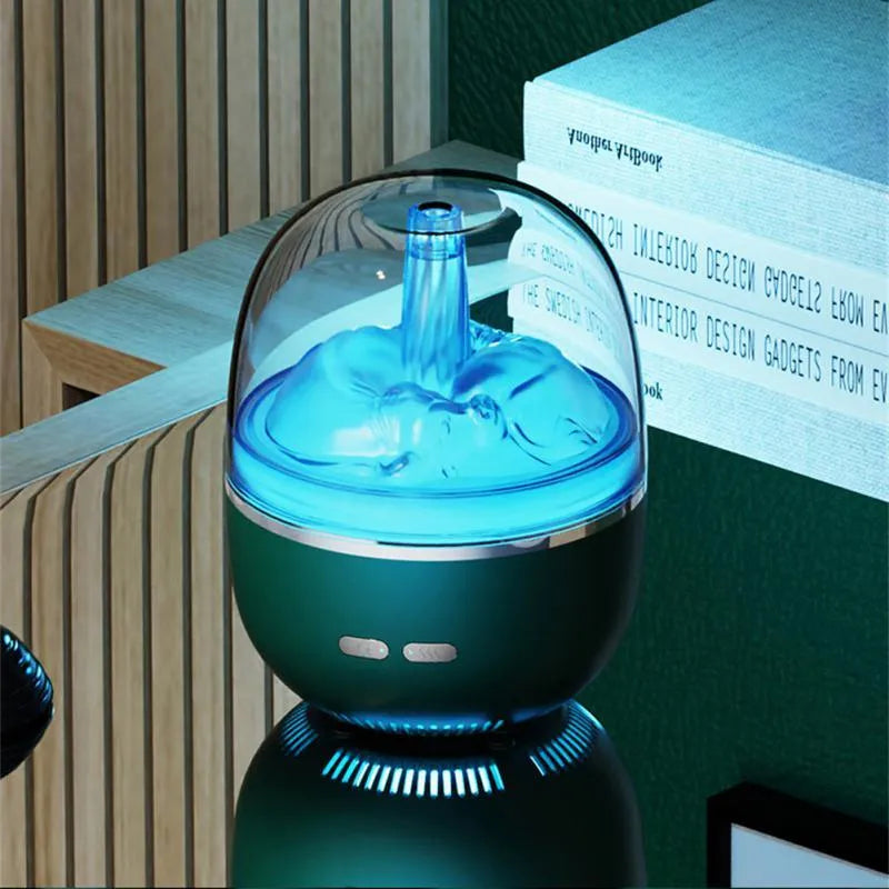 Green ultrasonic aromatherapy humidifier with heavy fog and colourful gradient light on a desk
