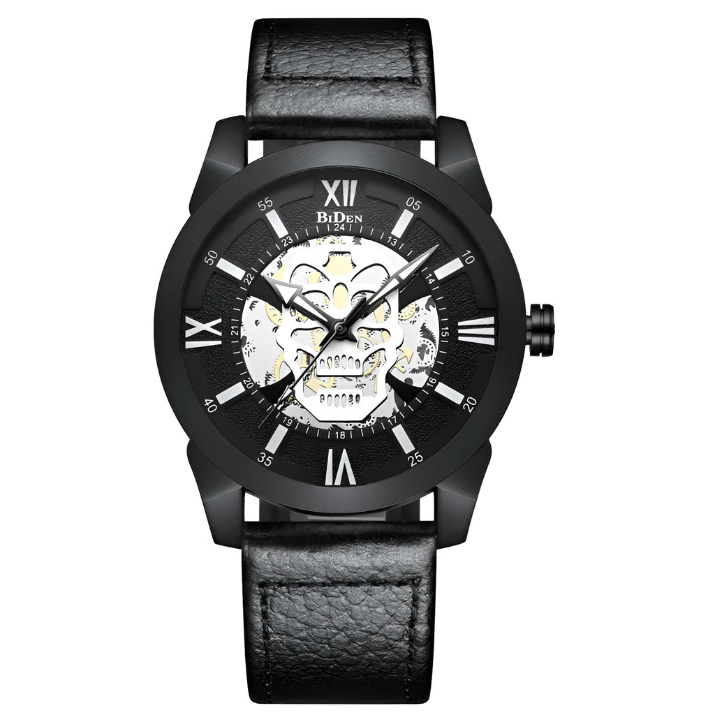 Biden men's hollow quartz watch with brown strap showing calendar function and 4.3cm case