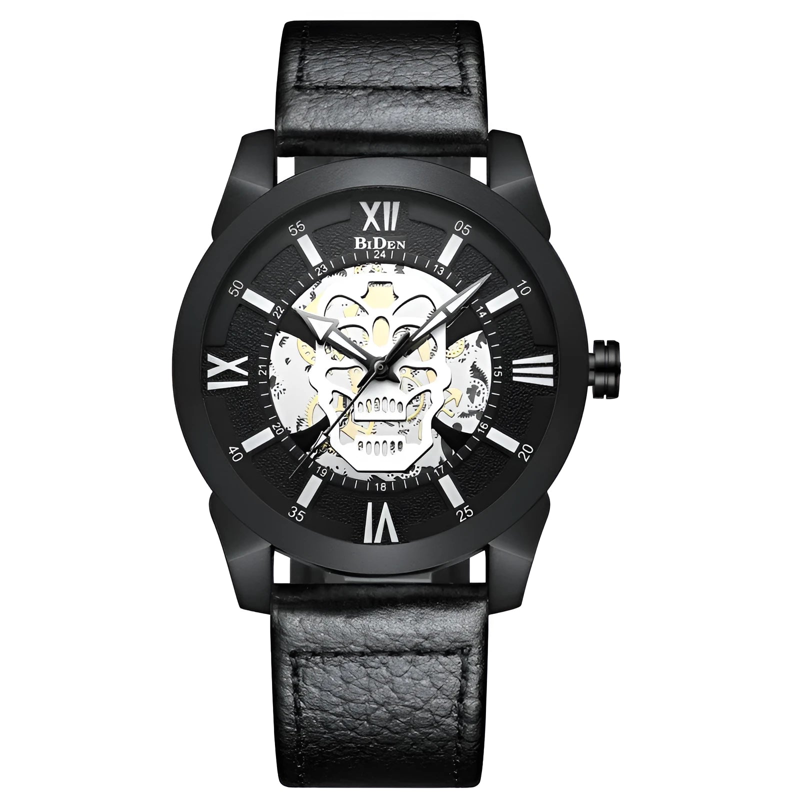 Biden men's hollow quartz watch with brown strap showing calendar function and 4.3cm case
