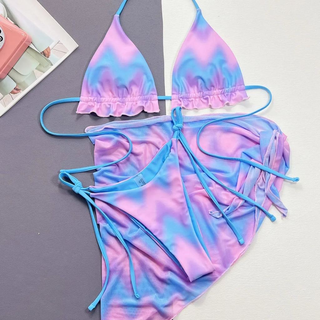 Women's tie-dye pattern bikini swimsuit with skirt, bra, and panties in picture colour