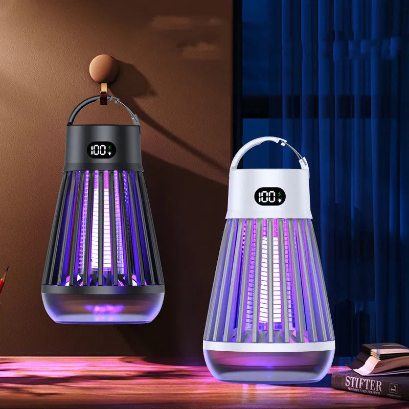 Digital display mosquito killer lamp with electric shock grid, white colour, on a tabletop with USB cable