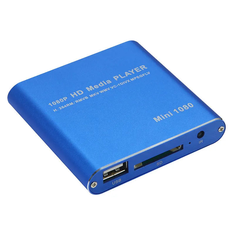 Compact black 1080P HDMI media player with USB and SD card slots