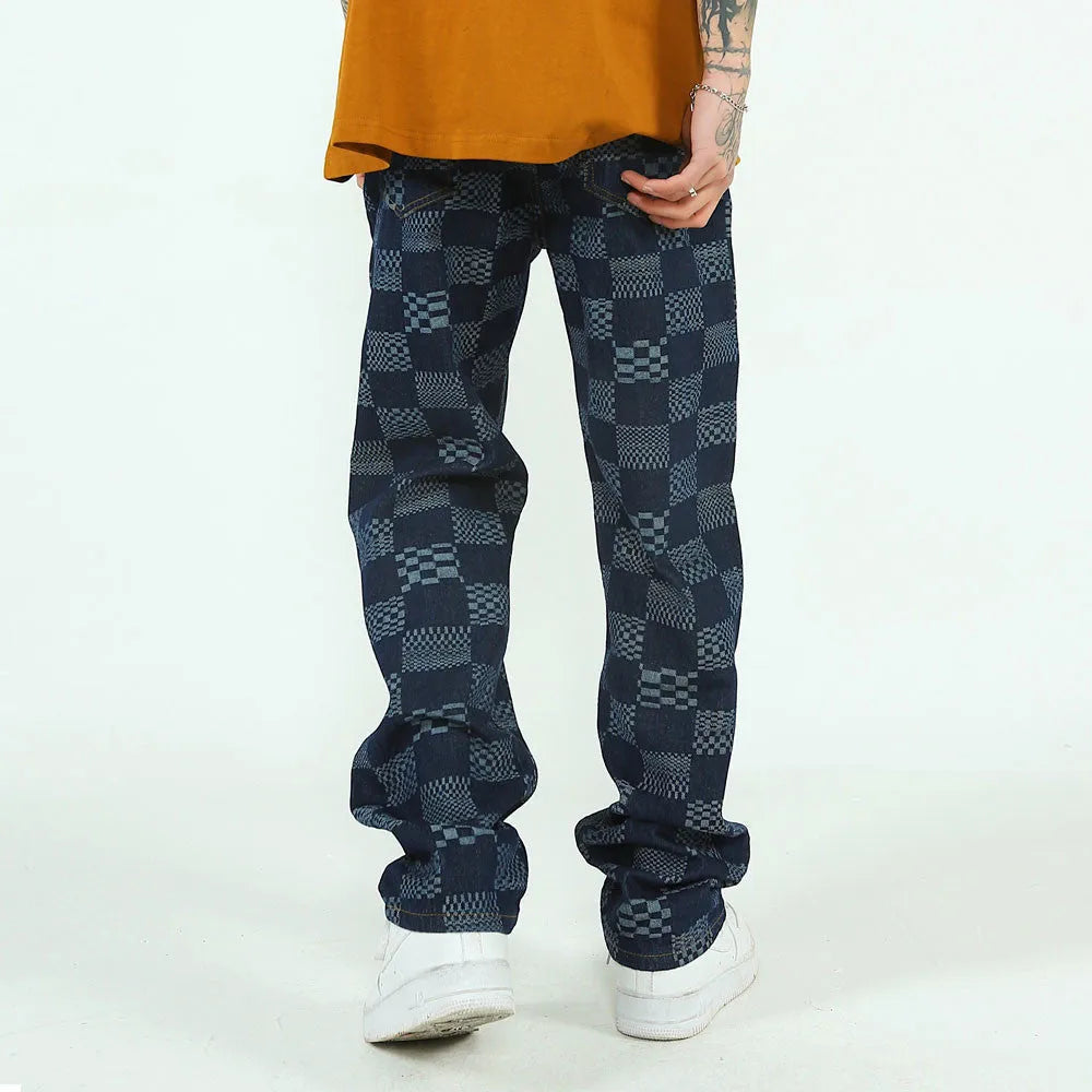 Fashion checkerboard jacquard jeans for men, straight loose fit cotton, black colour, size S to XL