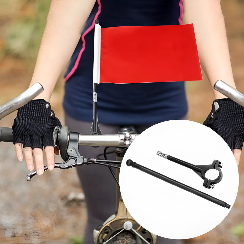 Square polyester flag on a plastic pole mounted to a bicycle handlebar