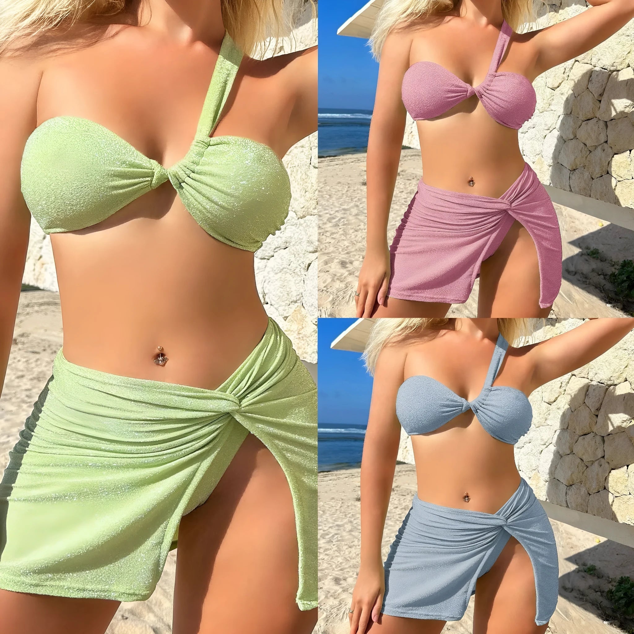 Women's light green one-shoulder glossy polyester three-piece swimsuit set on a hanger.