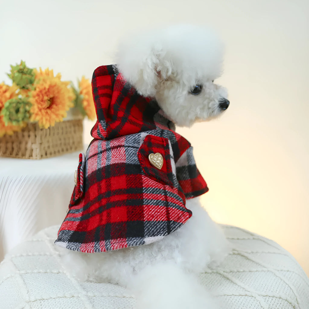 Red plaid polyester dog trench coat with measured sizing for autumn and winter warmth