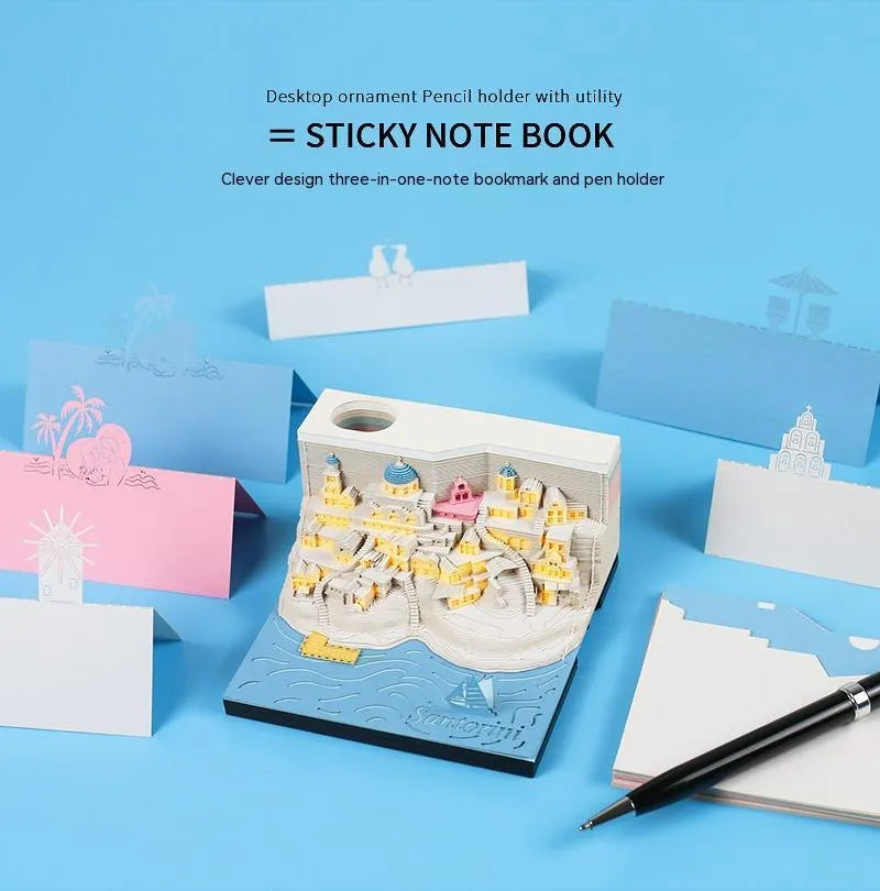 Santorini 3D paper carving notepad building model with lighting decoration showing beach scene design