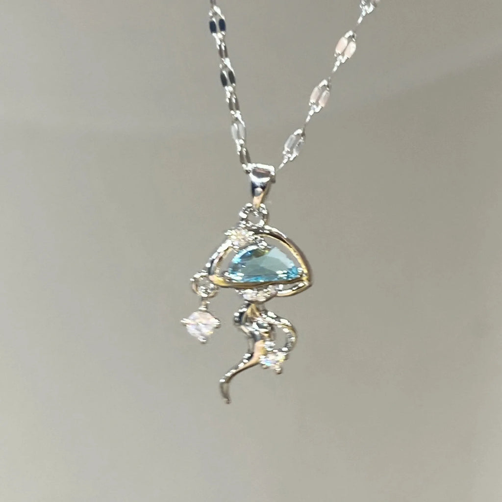 S925 sterling silver blue jellyfish pendant necklace on 41-50cm adjustable chain with white gold finish
