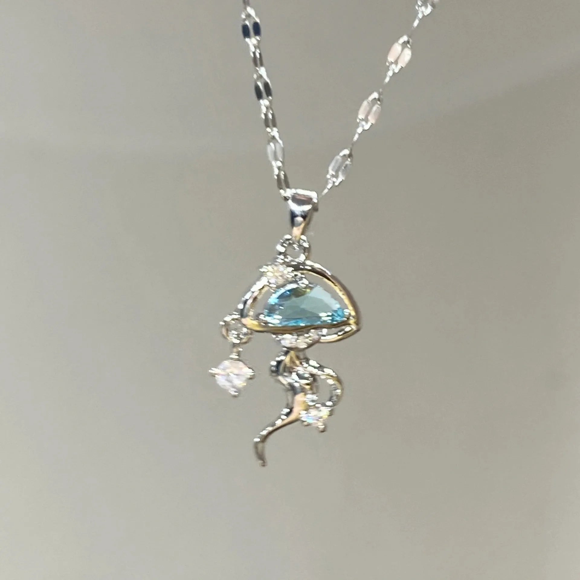 S925 sterling silver blue jellyfish pendant necklace on 41-50cm adjustable chain with white gold finish