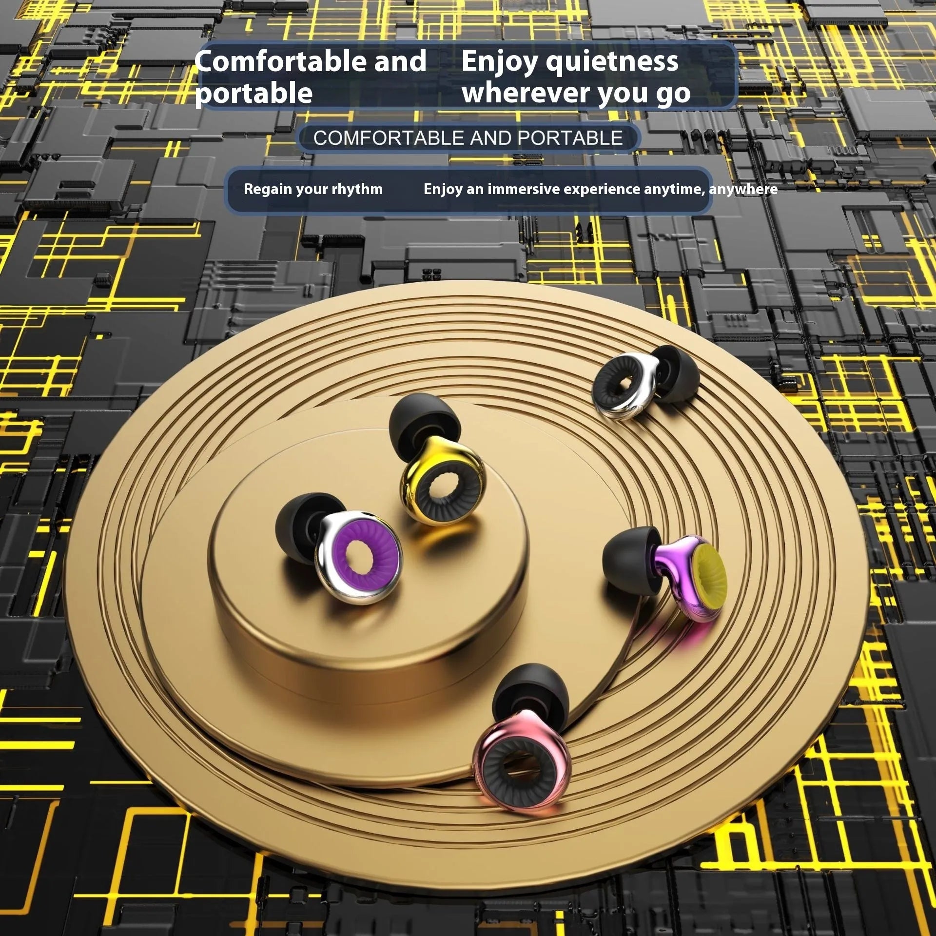 Set of reusable noise reduction sleep earpluds in various colours with a storage box and spare ear caps.