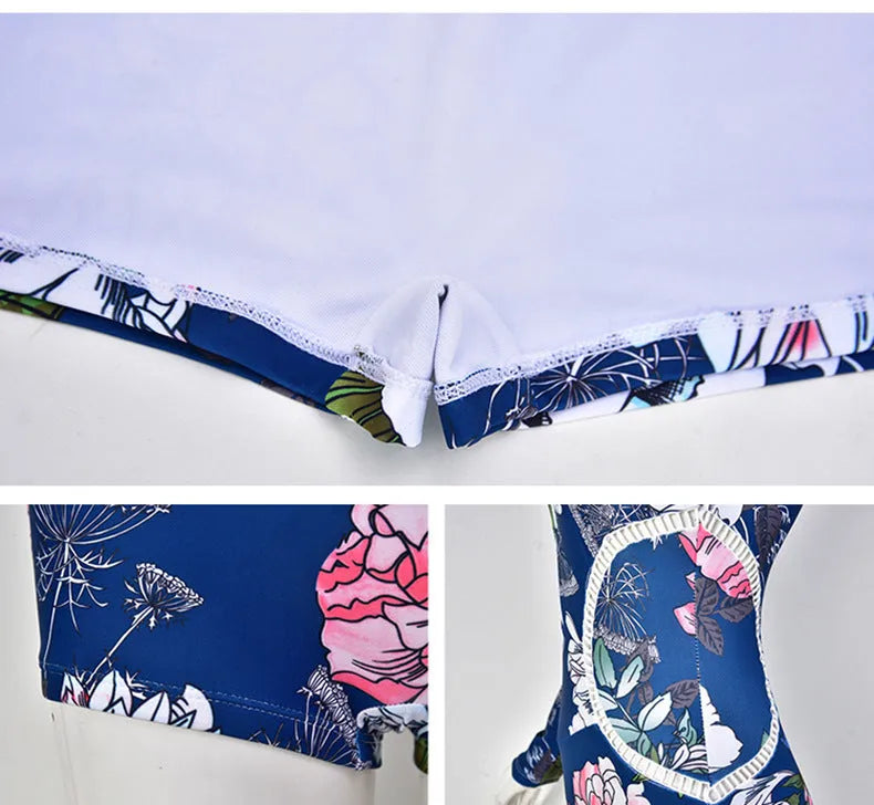 Yellow flower printed one-piece diving swimsuit with long sleeves and boxer legs