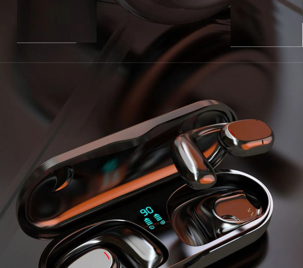 Black wireless Bluetooth earplug headset with charging case showing stereo earpieces
