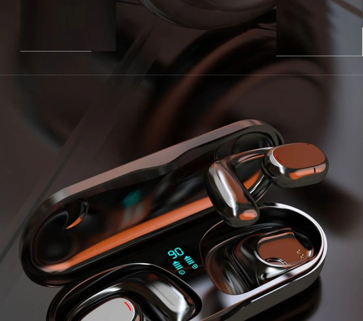 Black wireless Bluetooth earplug headset with charging case showing stereo earpieces