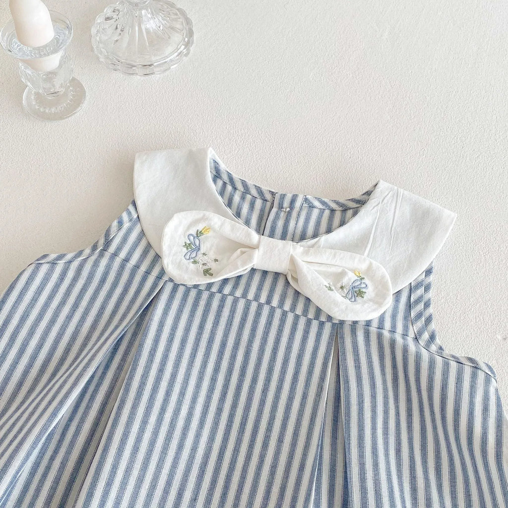 Summer baby bowknot embroidered vest dress in soft fog blue cotton, sleeveless, for girls 73-120 cm