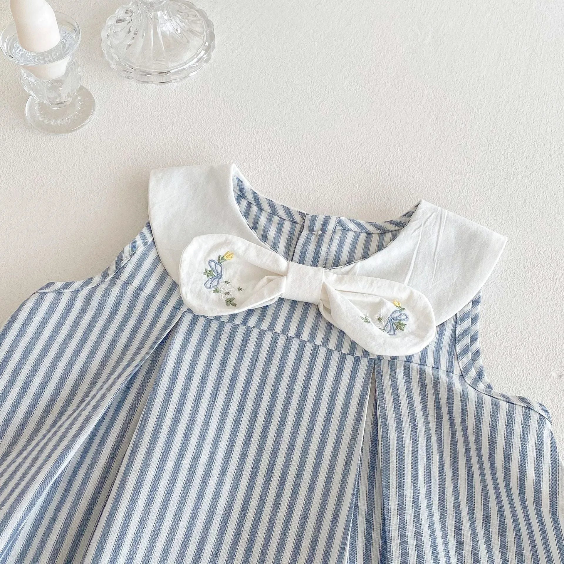 Summer baby bowknot embroidered vest dress in soft fog blue cotton, sleeveless, for girls 73-120 cm