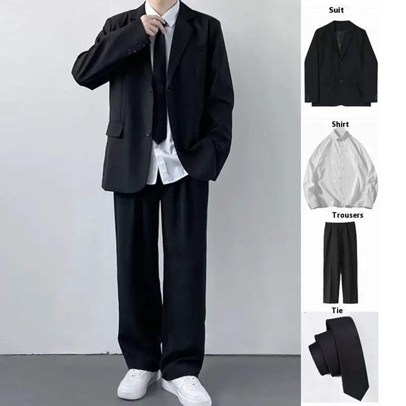 Men's plus size three-piece college style suit set featuring a grey jacket, trousers, white shirt, and striped tie.