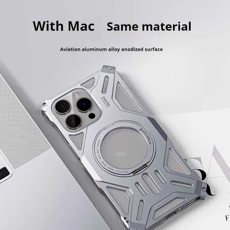 M10 aluminum alloy phone case with 360° rotating bracket in deep space gray for iPhone 16 Pro Max