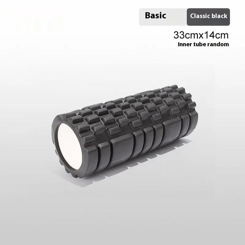 A firm EVA foam roller for fitness and yoga, shown in a selection of colours including black, pink, and sky blue.