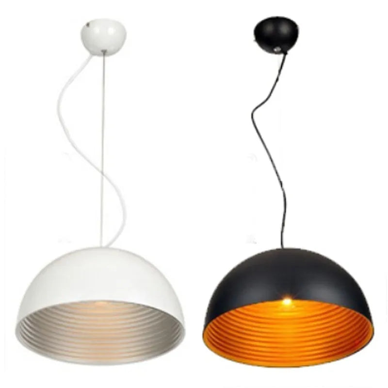 Industrial style pendant light with double-layer semicircle shade in black or white with gold interior, 30cm to 50cm