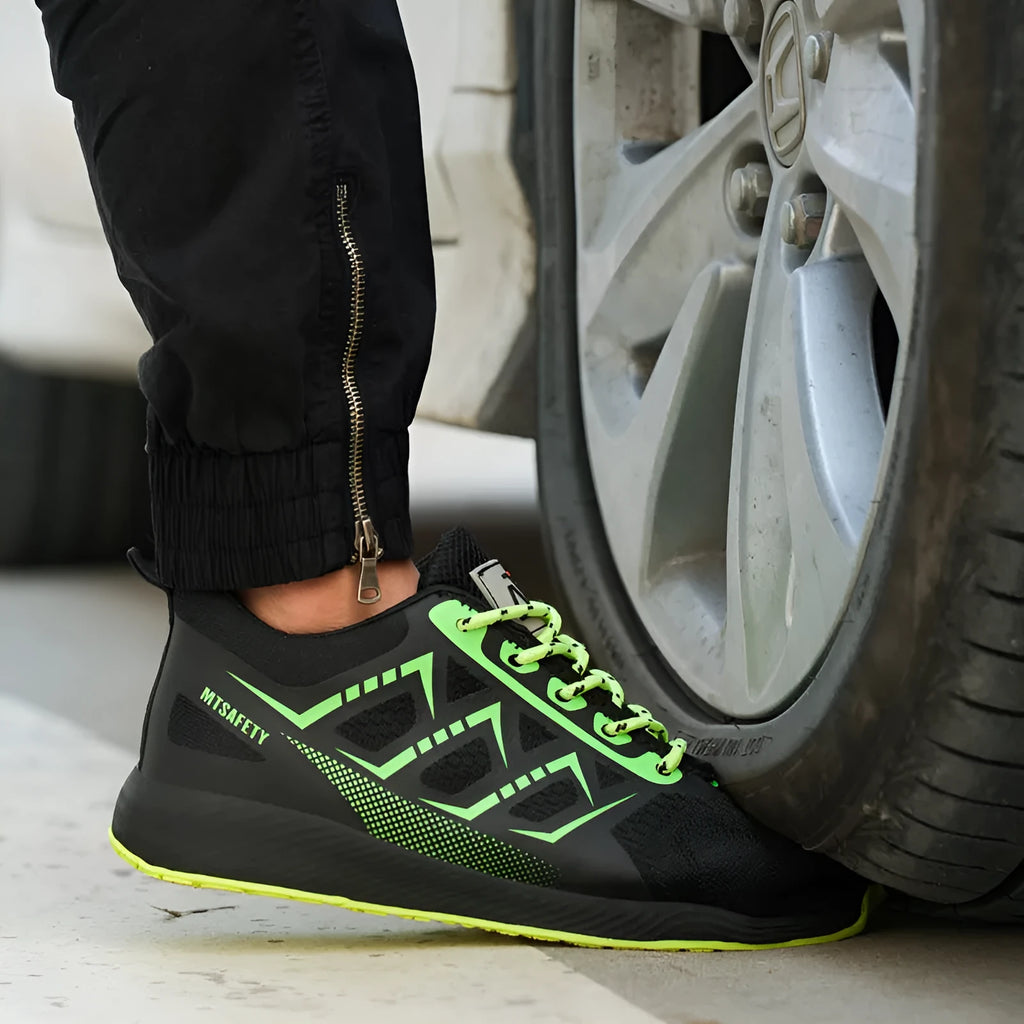 Ultra-light black labour protection shoes with steel toe cap and lace-up front.