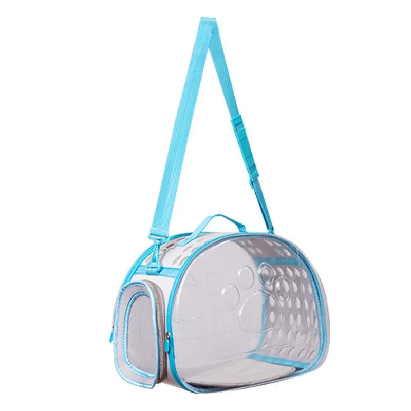 Transparent hard EVA cat carrier backpack in lake blue colour showing interior dimensions