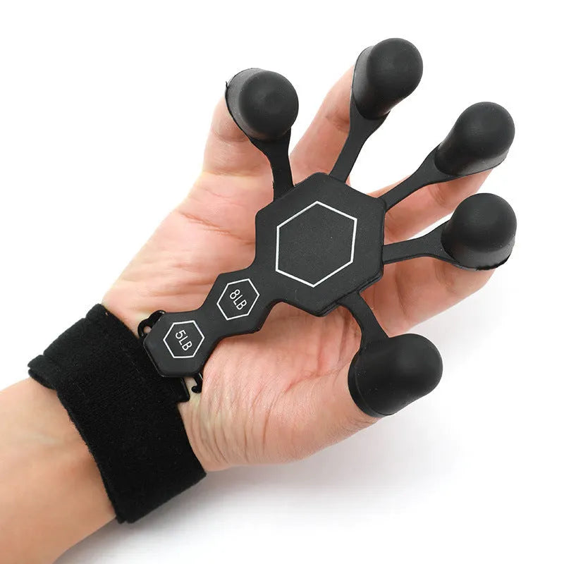 Grey and black silicone 5-finger rehabilitation hand trainer for adult grip strength exercises.