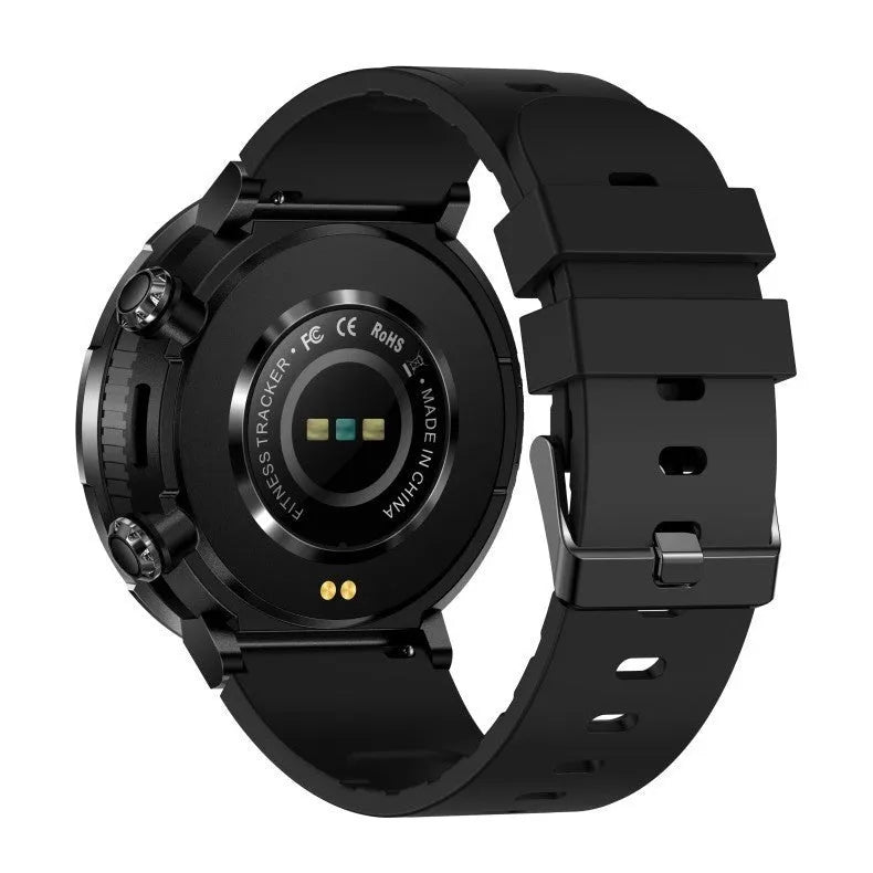 T30 smart watch with black silicone strap showing health stats on a circular 52mm screen.