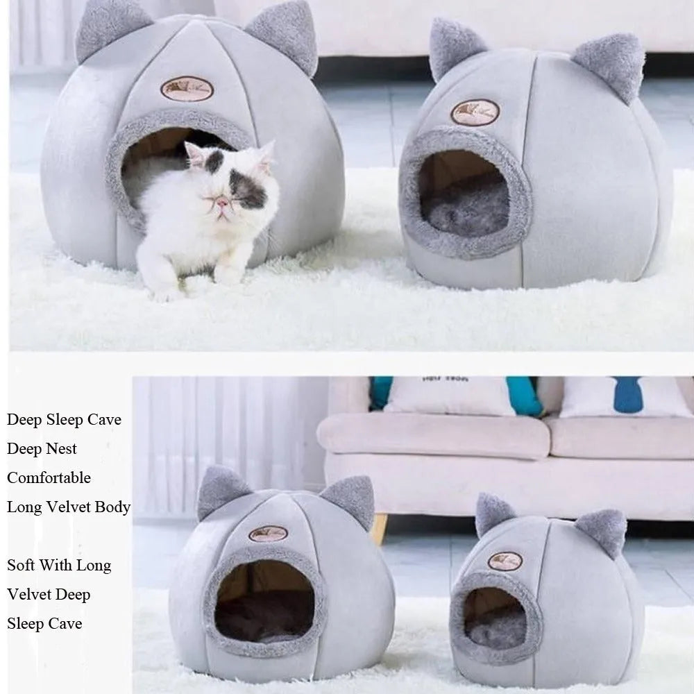 Large enclosed cat winter nest with fleece interior and sofa bed design