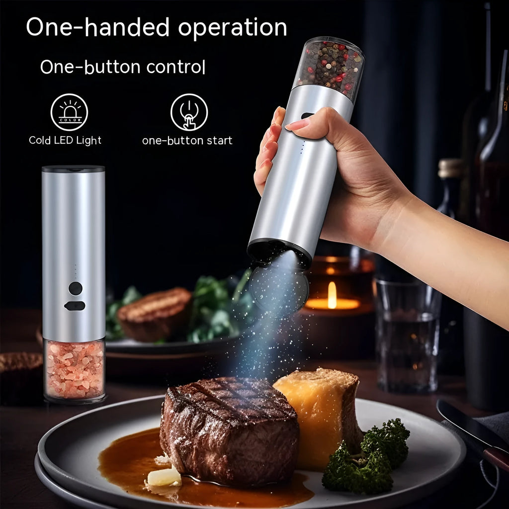 White and black electric salt and pepper grinders with USB port and clear glass jars.