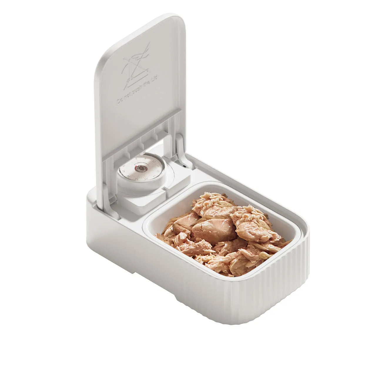 White automatic pet feeder with timer display and removable ice crystal cooling box underneath.
