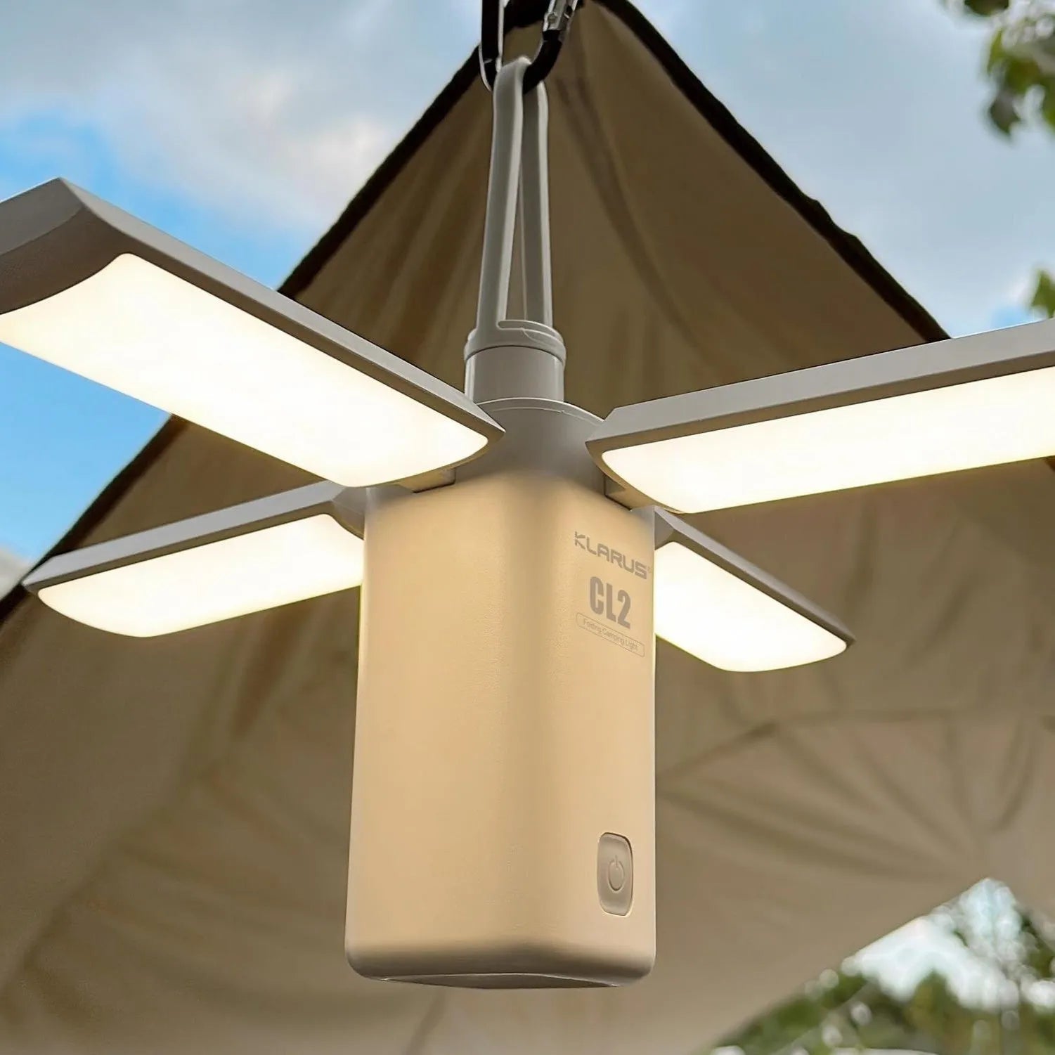 White and green rechargeable LED camping lantern with USB charging cable
