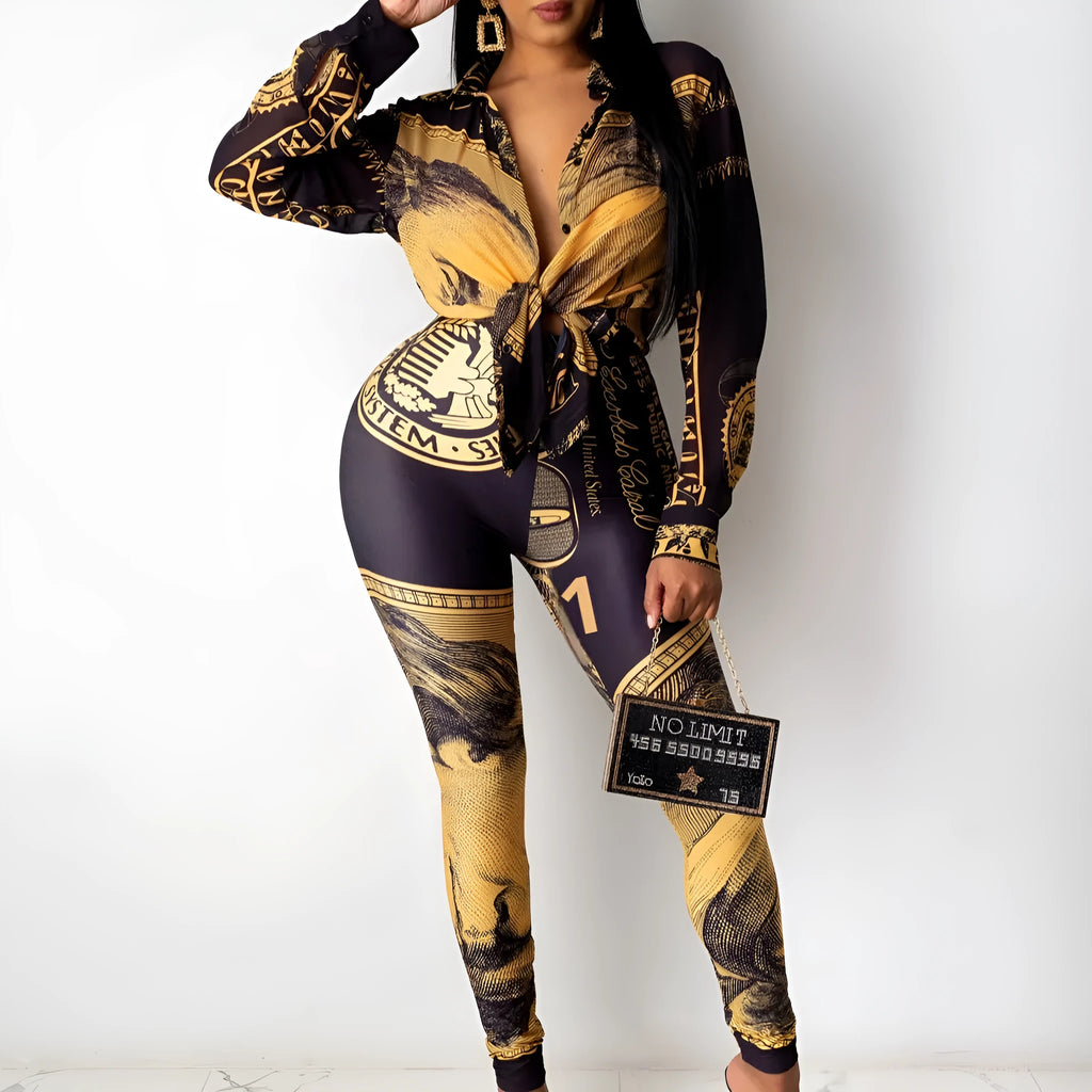 Women's casual printed lace up long-sleeved two-piece suit in black with top and trousers set urban leisure style