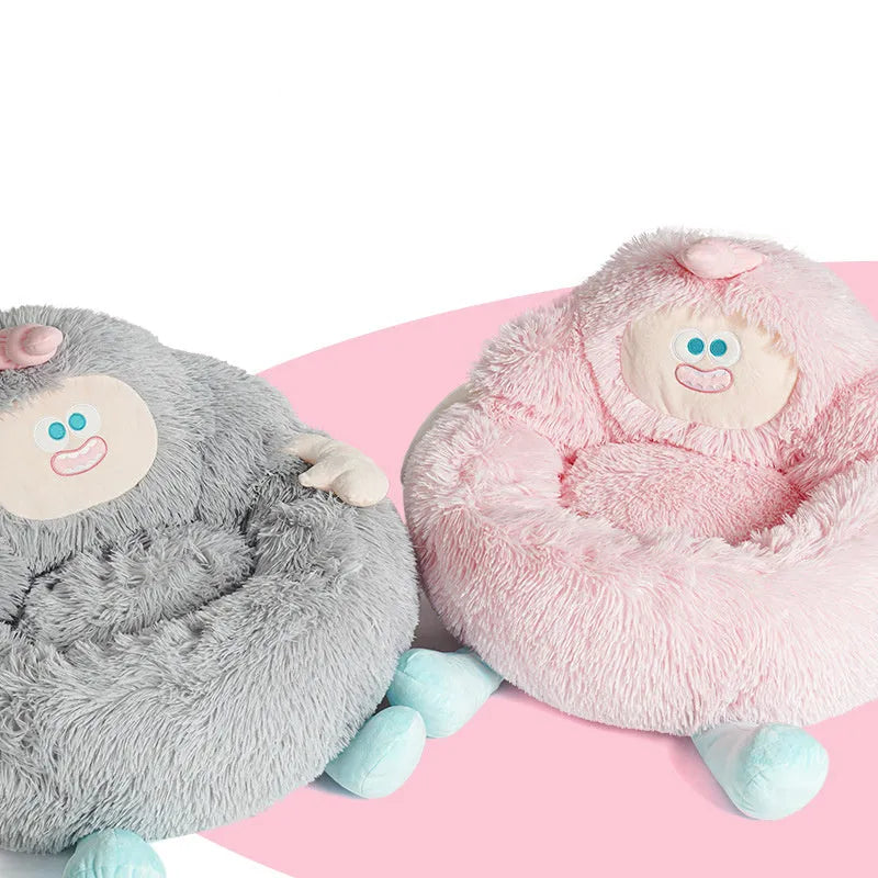 Grey raised-rim plush pet nest bed for a dog, showing thick sides and soft interior.